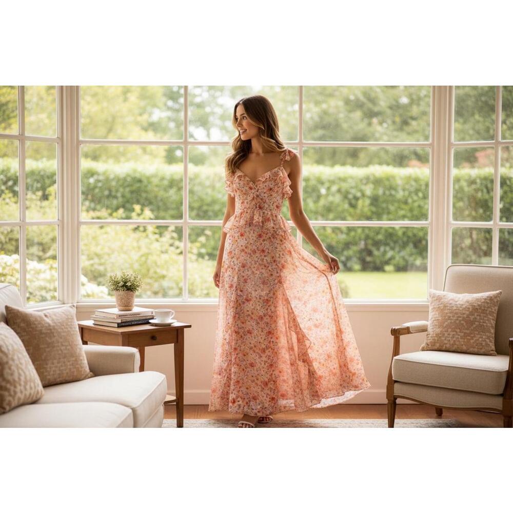 AQUA Floral Ruffle Trim‎ Maxi Dress - NWT (New)